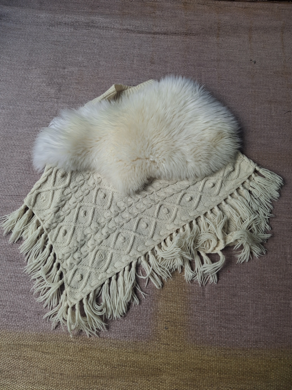 Cream Knit Fringe Cape with Faux Fur Collar